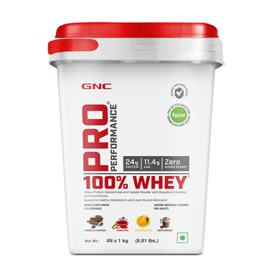GNC Pro Performance 100% Whey–4kg(8.81 lbs) (4×1kg in box)– chocolate supreme,  kesar pista,  mango smoothie, cafe mocha 114 servings