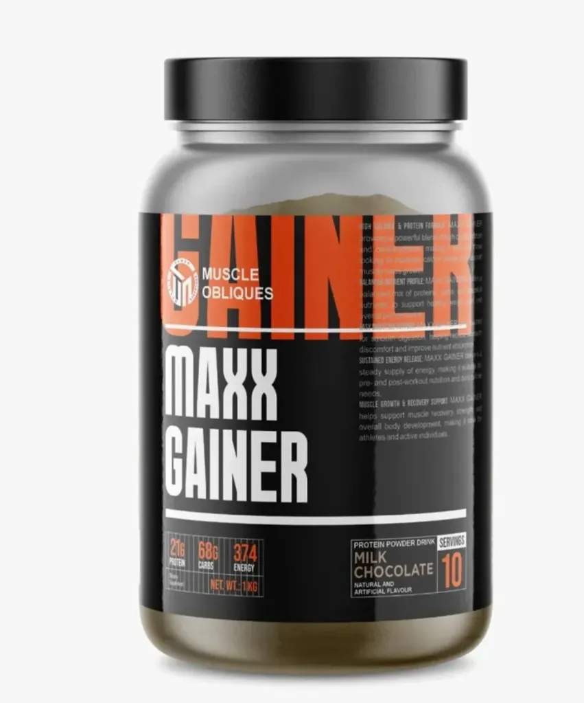 Muscle obliques Gainer box maxx gainer 1kg Flavors chocolate and malai kulfi Nutritional Information  Serving Size: 2 Scoops (100g)  Serving per Container: 10 approx.  Nutrients  Amount per (100g)  %RDA (100)  Energy (kcal)   374.        16.85  Protein (g)     21.                66.6  Total Carbohydrate (g)  68  5  Dietary Fiber.        2.            5 Sugars (g) 5.89 Total Fat (g)   2.16.   40   Saturated Fat (g)1.2 Cholesterol (mg) 30  Sodium (mg) 62              3.1 Calcium (mg)   80.         8 Potassium (mg) 320.      9.14  Zinc (mg) 4.2.                24.70Creatine (g) 1.0