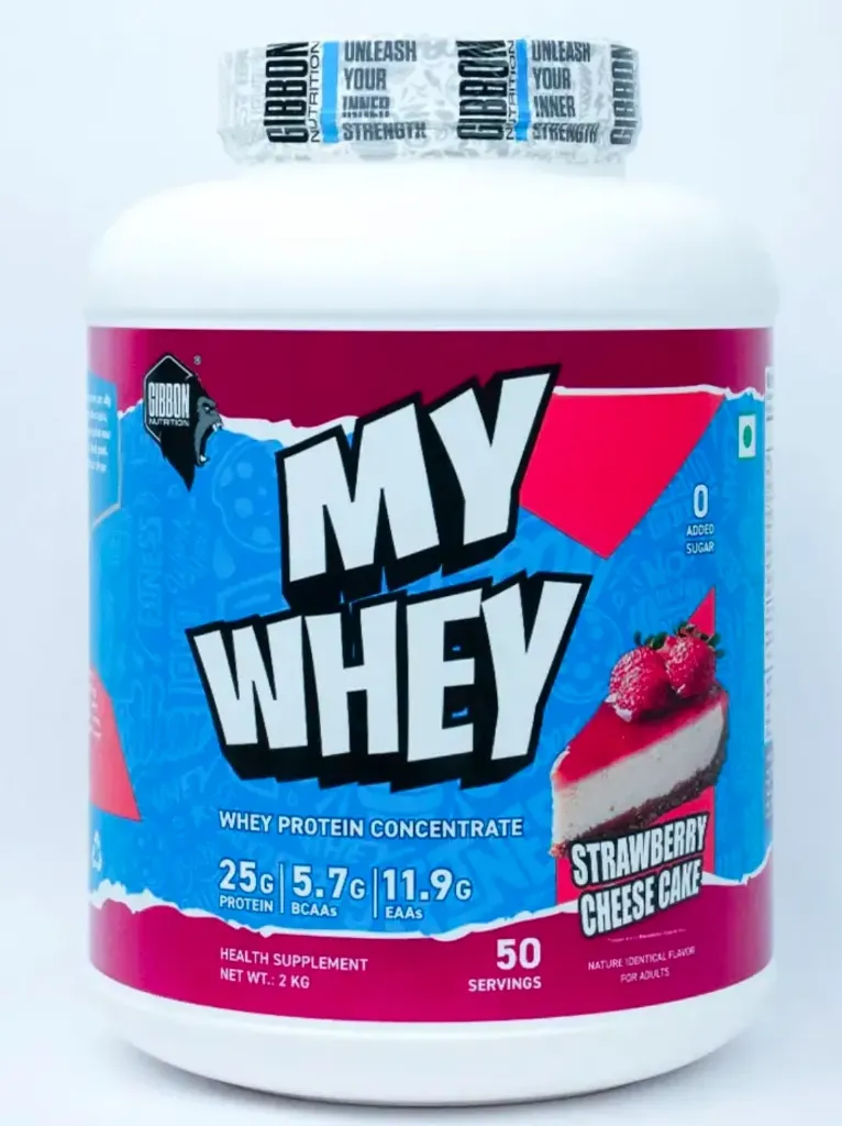 Gibbon nutrition my whey 2kg 25g protein 5.7 gm bcaa 11.9 gm EAA 50 SERVINGS butterscotch,cafe,chocolate,strawberry