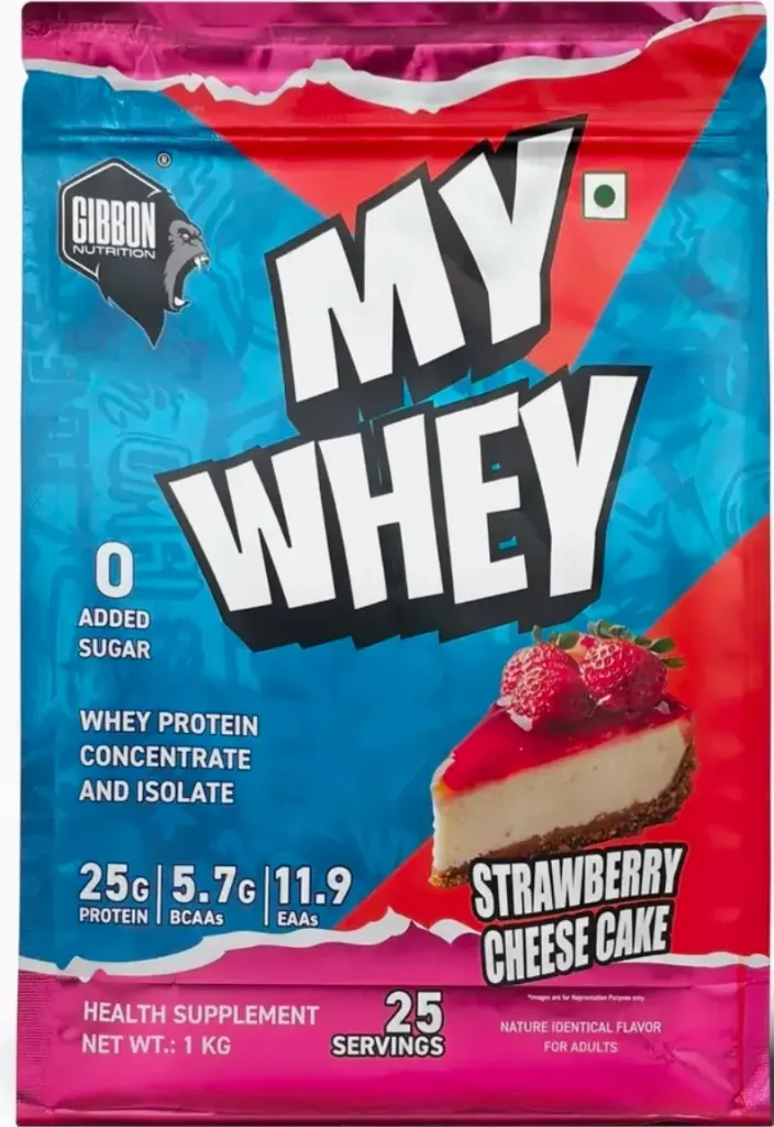 Gibbon nutrition my whey 1kg 25g protein 5.7gm bcaa 12.9gm EAA 25 servings butterscotch,chocolate,cafe,strawberry