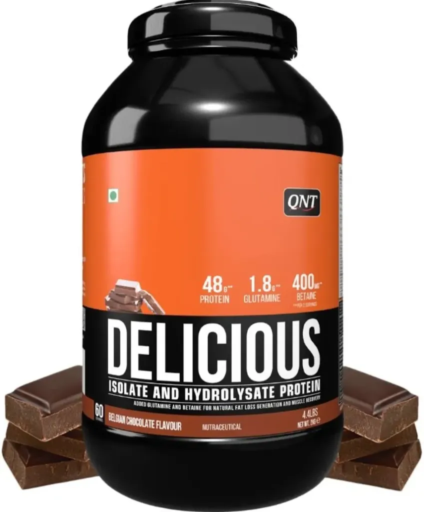 QNT Delicious Whey Protein – 2kg (4.4 lbs) | 60 Servings Premium whey protein blend formulated with whey isolate and hydrolyzed whey protein for fast absorption and muscle recovery. Key Features 23.5g Protein Per Serving Whey Isolate + Hydrolyzed Blend Zero Added Sugar Supports Muscle Growth & Recovery Smooth Mixing & Great Taste Ideal for Gym & Fitness Enthusiasts 119 kcal Per Serving 60 Servings Per Container Product Details Brand: QNT Product Name: Delicious Whey Protein Weight: 2kg (4.4 lbs) Flavor: Belgian Chocolate, kesar malai kulfi, coffe Protein Source: Whey Protein Isolate, Concentrate & Hydrolyzed Whey Serving Size: Approx. 33g Servings: 60 Benefits Helps build lean muscle Supports faster post-workout recovery Low sugar formula Easy digestion and absorption Delicious chocolate,coffee,kesar malai kulfi flavor