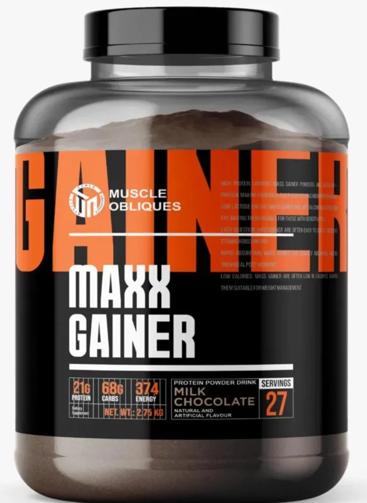 Muscle obliques Gainer box maxx gainer 2.75kg Flavors chocolate and malai kulfi Nutritional Information  Serving Size: 2 Scoops (100g)  Serving per Container: 27 approx.  Nutrients  Amount per (100g)  %RDA (100)  Energy (kcal)   374.        16.85  Protein (g)     21.                66.6  Total Carbohydrate (g)  68  5  Dietary Fiber.        2.            5 Sugars (g) 5.89 Total Fat (g)   2.16.   40   Saturated Fat (g)1.2 Cholesterol (mg) 30  Sodium (mg) 62              3.1 Calcium (mg)   80.         8 Potassium (mg) 320.      9.14  Zinc (mg) 4.2.                24.70Creatine (g) 1.0