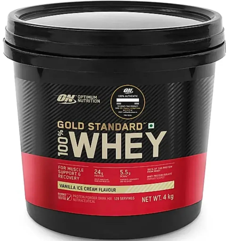 Optimum Nutrition Gold Standard 100% Whey Protein Powder | Vanilla Ice Cream | 4 kg 129 Servings Flavour	Vanilla Ice Cream Key Ingredient	Whey Blend (Whey Protein Isolate-primary source, Whey Protein Concentrate, Hydrolysed Whey Protein/Whey Peptides) Benefit	Muscle Rebuilding & Recovery  Product Weight	4 kg (8.8 lbs) Servings in the pack	129