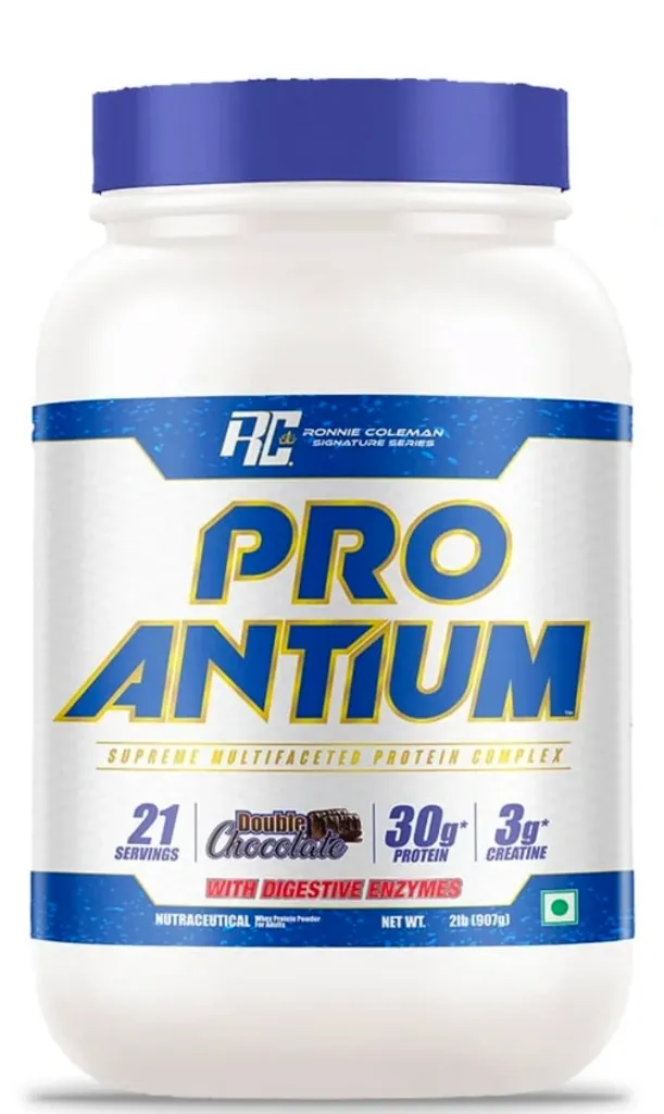Ronnie Coleman Pro-Antium Whey Protein 910gm(2lb) 21 Servings NUTRITIONAL INFORMATION (APPROX. VALUES):  Serving Size: 1 Level Scoop (44g), Servings Per Container: ~21  Nutrients  Qty./100g Qty./Serving (44g)  %RDA*  Energy (kcal)  398.24  175.23  8.76  Protein (g)^  68  30  55.56  Carbohydrate (g)  21.75  9.57  Total Sugars (g)  1.73  0.76  Added Sugars (g)  0  4.36  1.92  0  0.00  Total Fat (g)  Saturated Fatty Acids (g)  2.23  0.98  2.87  Mono Unsaturated Fatty Acids (g)  1.56  0.69  4.45  Poly Unsaturated Fatty Acids (g)  0.57  <0.01  0.25  Trans Fatty Acids (g)  89.62  <0.004  <0.20  Cholesterol (mg)  197.26  86.79  39.43  4.34  Sodium (mg)  Ingredients  Creatine Monohydrate (mg)  6820  3000  Betaine Anhydrous (mg)  1478  650  Typical Amino Acid Profile"  Essential Amino Acids (EAAs) (g)  32.11  14.17  Branched Chain Amino Acids (BCAAs) (g)  13.68  6.04  Semi-Essential Amino Acids (SEAAs) (g)  11.02  4.86  Non-Essential Amino Acids (NEAAs) (g)  24.87  10.97  5.05  "All amino acids are naturally occurring in protein  Glutamic Acid (g)  11.46