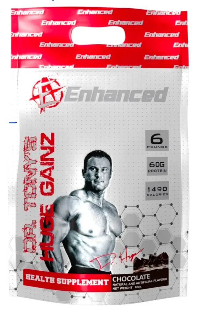 ENHANCED DR. TONY'S HUGE GAINZ (6 lbs) SUPPLEMENT FACTS  Serving per Container : 7  Serving size: 403g  Amount per serving  Calories  1490  % Daily Value*  Total Fat 6g  8%  Saturated Fat 2.5g  12%  Trans Fat Og  Cholestral 200mg  67%  Sodium 160mg  7%  Total Carbohydrate 308q  112%  Dietary Fiber 6g  23%  Total Sugars 13g  Includes Og Added Sugars  Protein 60g  Vitamin D 0.1mcg  0%  Calcium 310mg  25%  Iron 0.7 mg  4%  Potassium 370mg  8%  Folate 15mcg DF (10mcg Folic acid)  4%