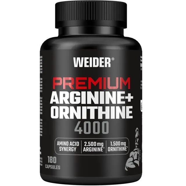 Weider Arginine + Ornithine 4000 - 180 capsules Take one serving as pre-workout 45 to 30 minutes before training. Drink them with 200 ml of water What Arginine + Ornithine 4000 does L-Arginine: The proteinogenic amino acid is classified as conditionally or semi-essential, as the body's own production is not sufficient in stressful situations, for example through intensive training L-Ornithine: This amino acid is an important metabolic product of arginine, which can be converted into L-citrulline and thus unfolds its effect in synergy with L-arginine Important amino acids: both L-arginine and L-ornithine play a key role in the synthesis of the vasodilating molecule nitrogen monoxide and thus contribute to the regulation of blood pressure Arginine + Ornithine 4000 Capsules: Our high-dose capsules deliver a potent combination of 2500 mg of valuable L-arginine and 1500 mg of pure L-ornithine per serving, ensuring an optimal supply for your body's needs.